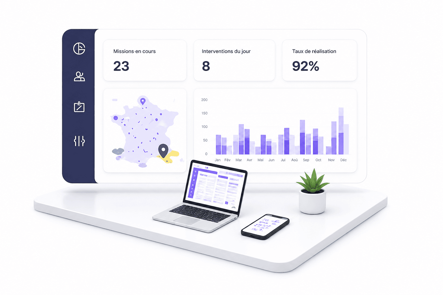 Tableau de bord Squoad — missions en cours, interventions du jour, carte de France, graphique mensuel et suivi sur ordinateur et mobile