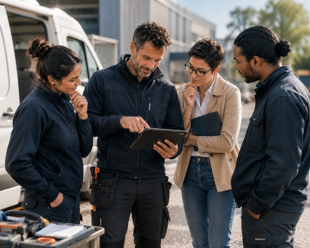 Équipes terrain, client et prestataires autour d'une tablette sur site — gestion d'interventions et organisation connectée dans Squoad