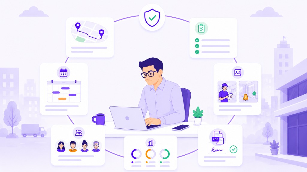 Illustration Squoad — professionnel détendu entouré de widgets planification, cartographie, preuves et reporting, symbole d'une solution tout-en-un simple à adopter